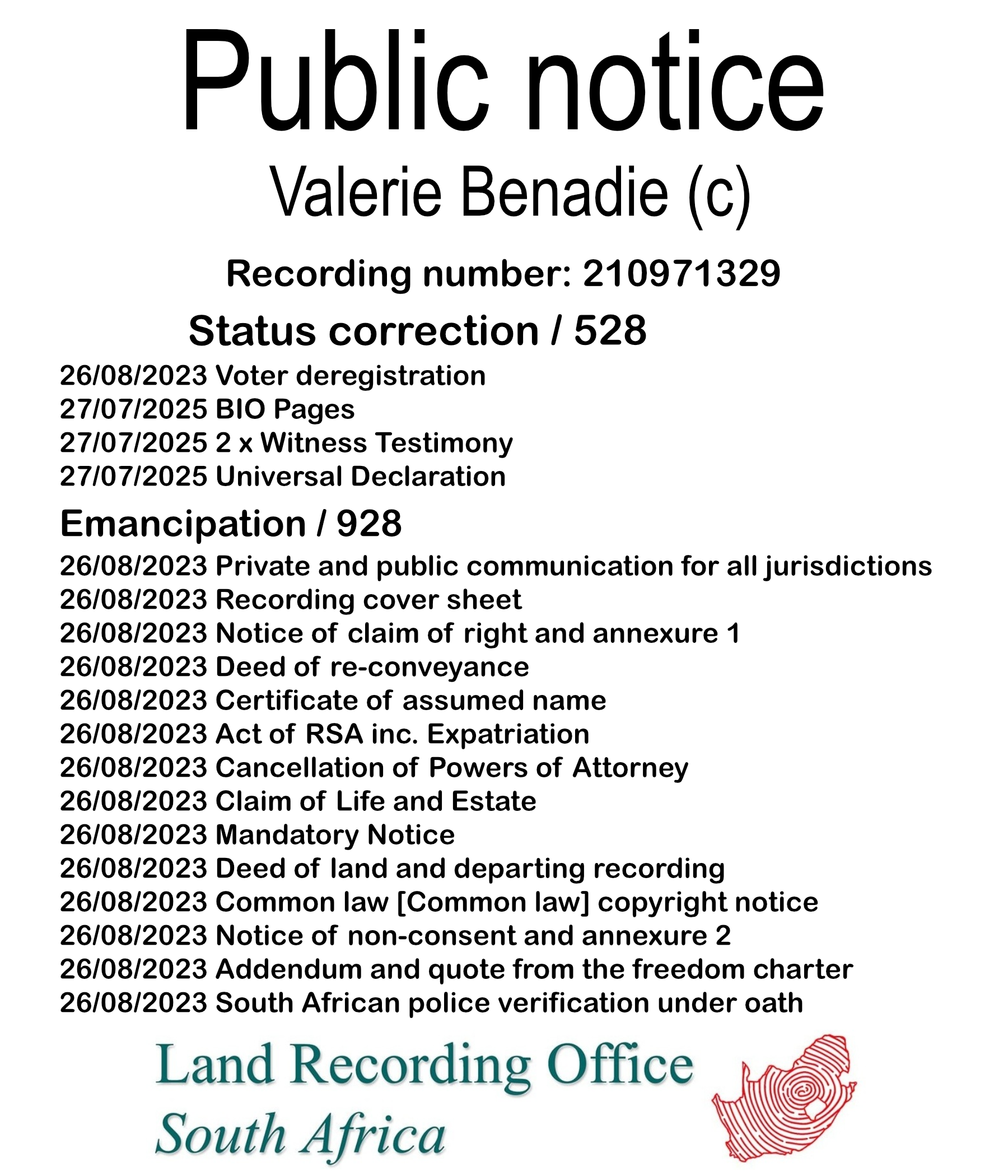 Public notice Valerie Benadie (c) Recording number 210971329